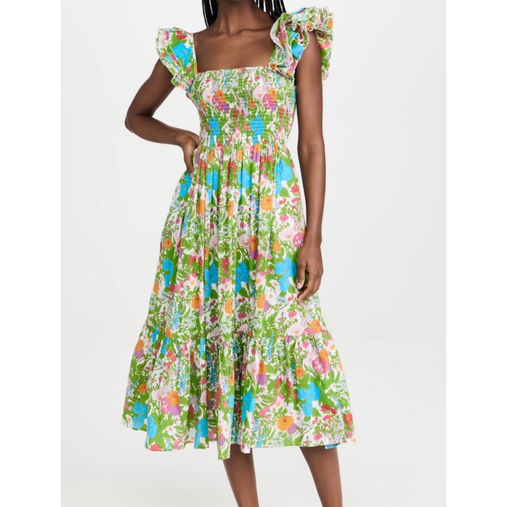 Millie Floral Smocked Midi Dress with Ruffle Straps - Green Multi